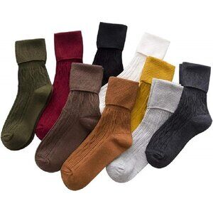 🆕 Women Yellow Cotton Knit Soft Turn Cuff Socks 9 Pairs Various Colors Wearing